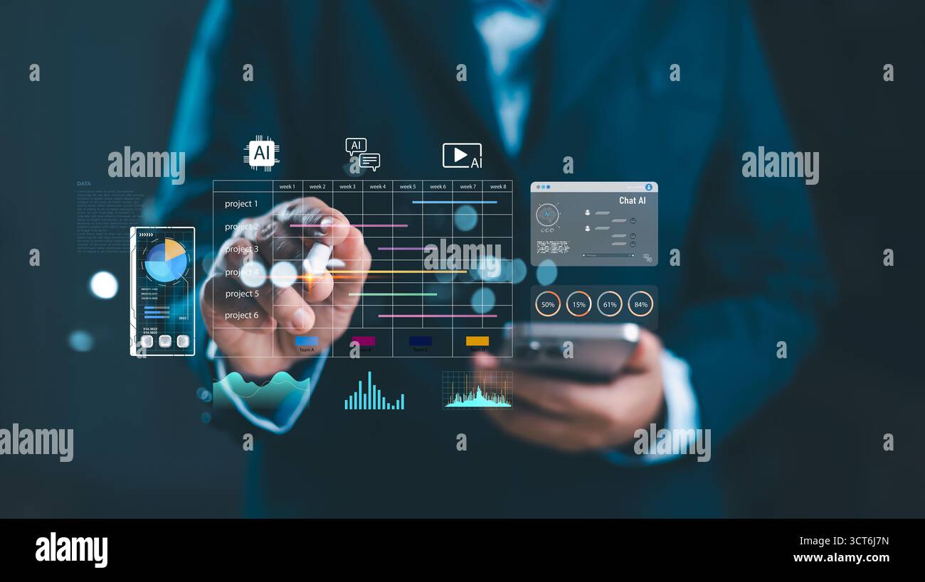 Businesswoman using AI technology on smartphone for project management, workflow automation and data visualization. Artificial intelligence solutions Stock Photo