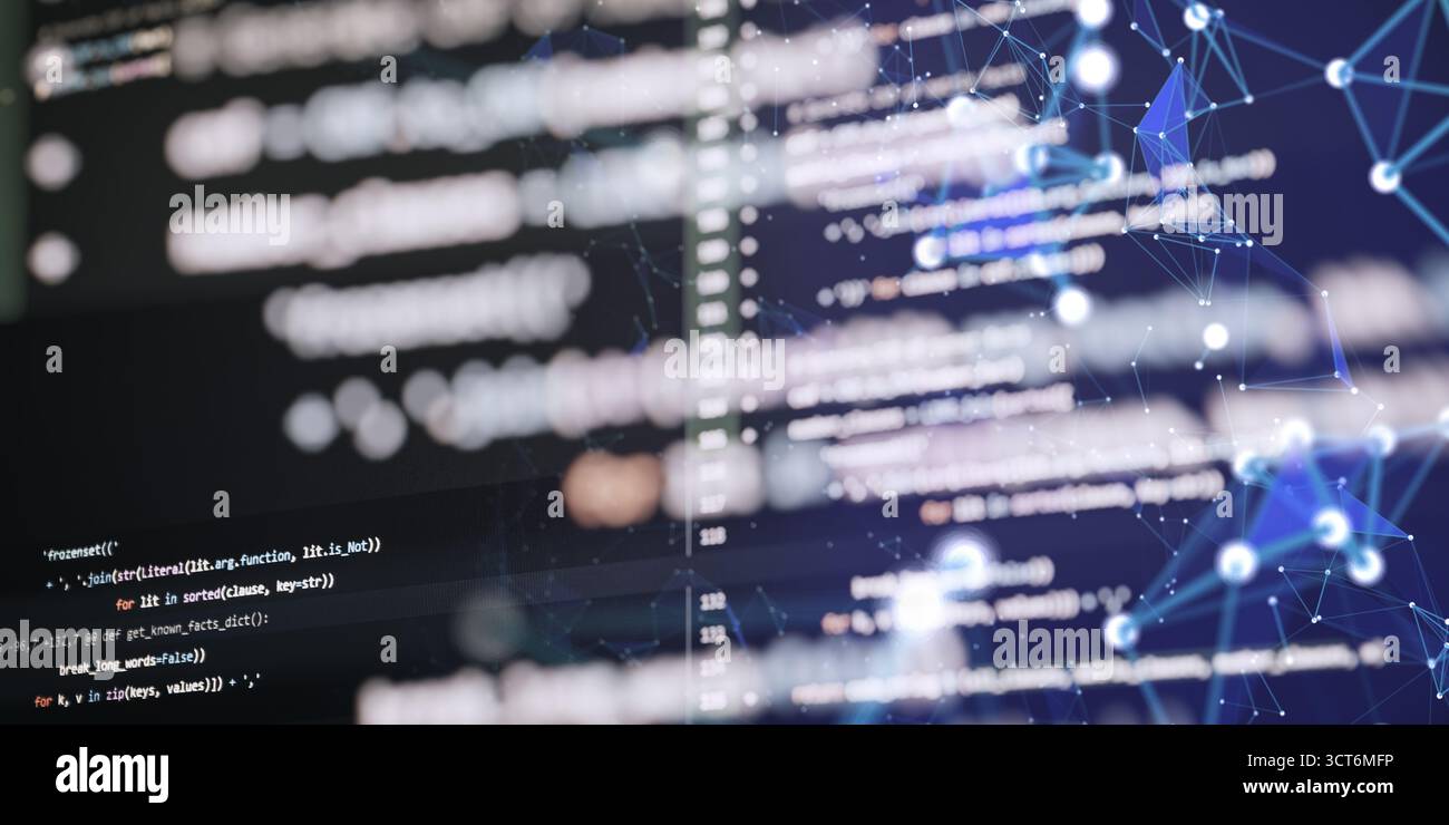 Blurry programming code overlaid with a glowing digital network, symbolizing data flow, connectivity, and modern software development concepts. Stock Photo