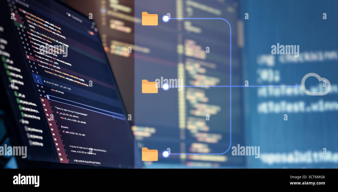Programming screen with cloud upload icons and folder paths, symbolizing cloud storage, version control, and software deployment processes. Stock Photo