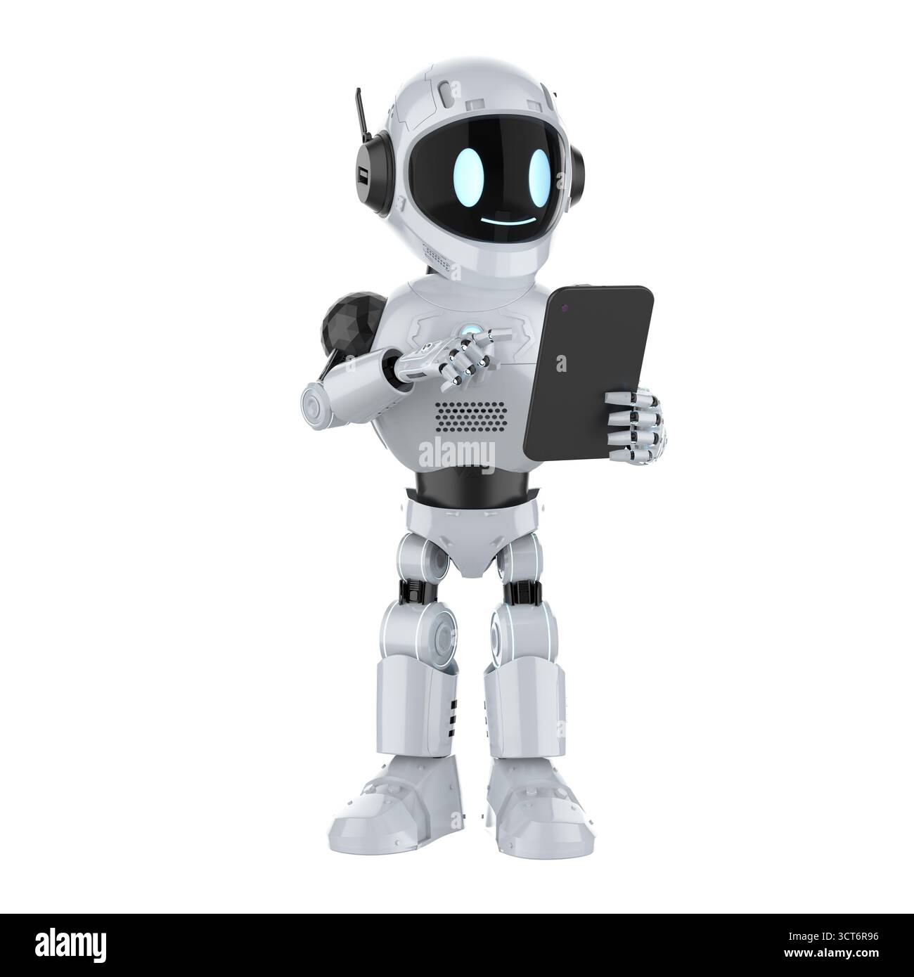 Cute and small 3d rendering artificial intelligence personal assistant robot with digital tablet Stock Photo