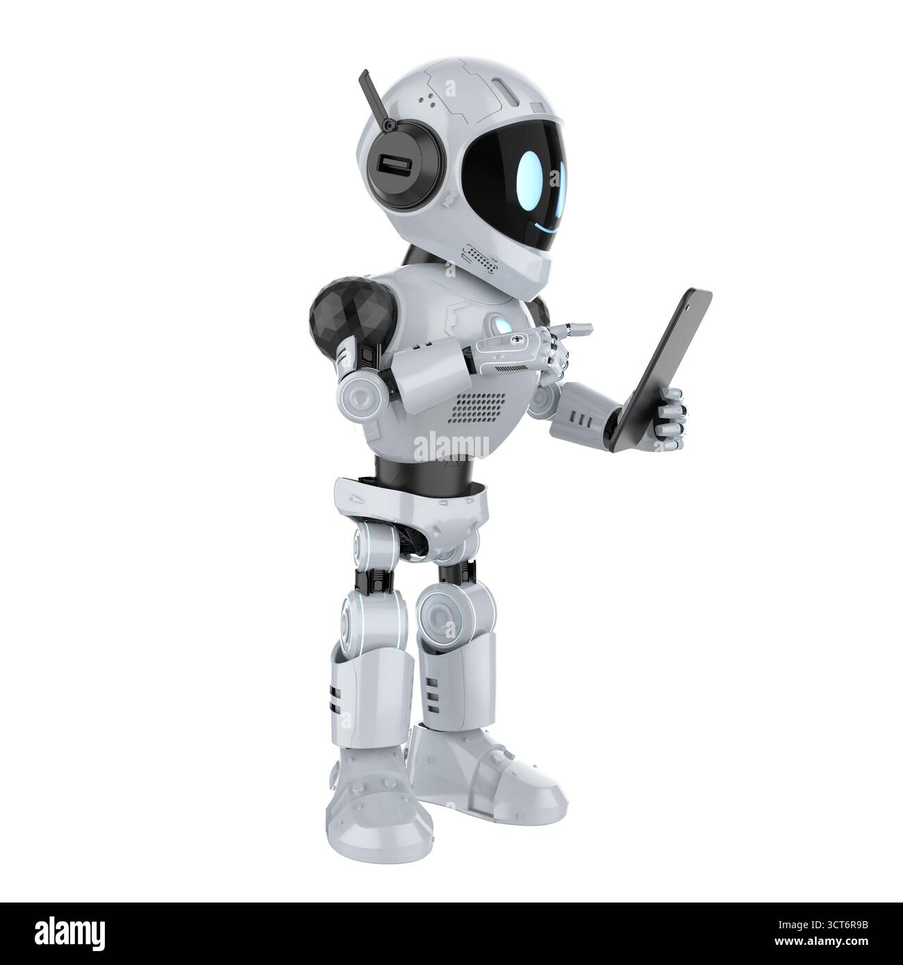 Cute and small 3d rendering artificial intelligence personal assistant robot with digital tablet Stock Photo