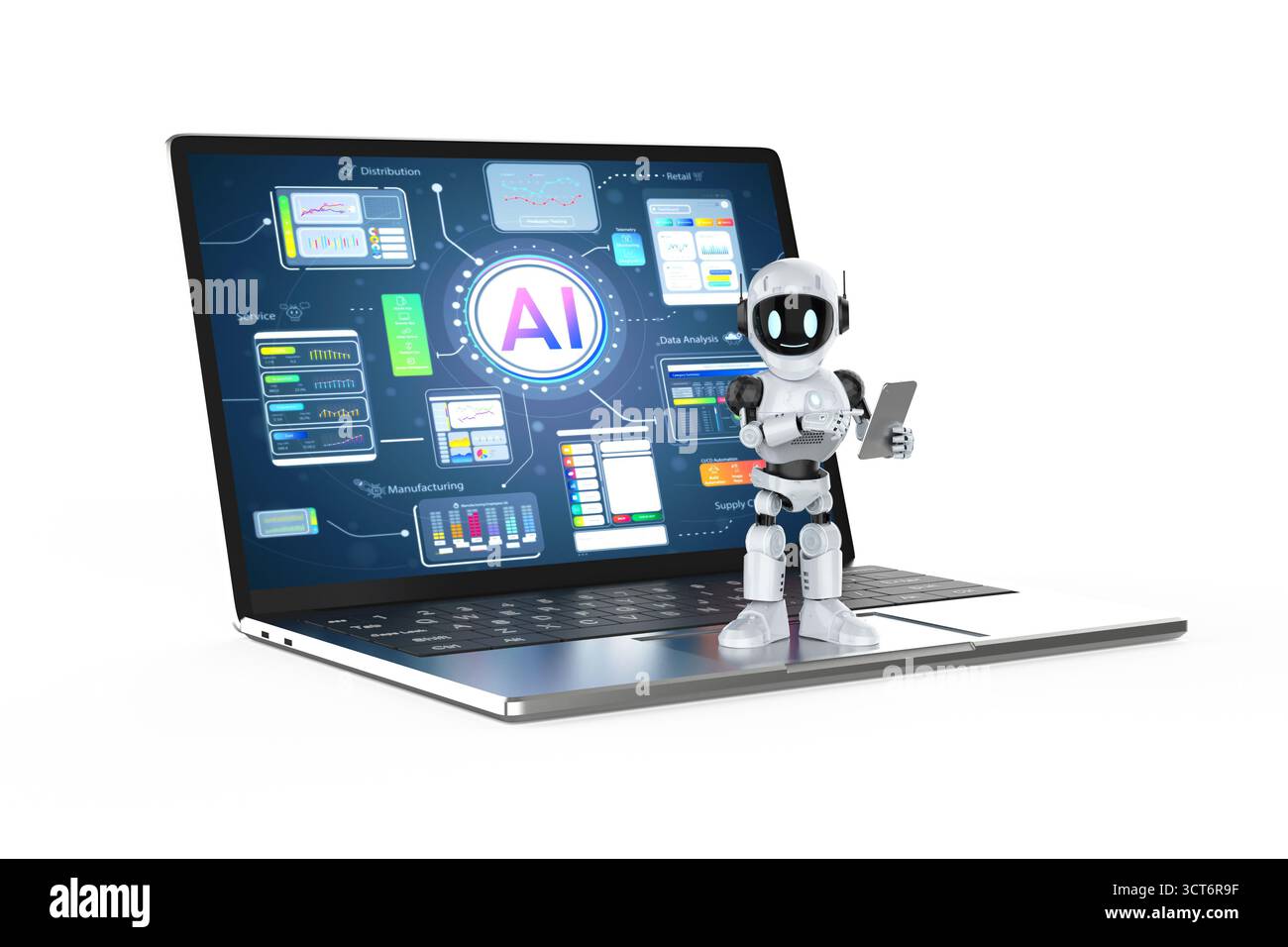 Ai technology with 3d rendering assistant robot with hud graphic interface on laptop Stock Photo