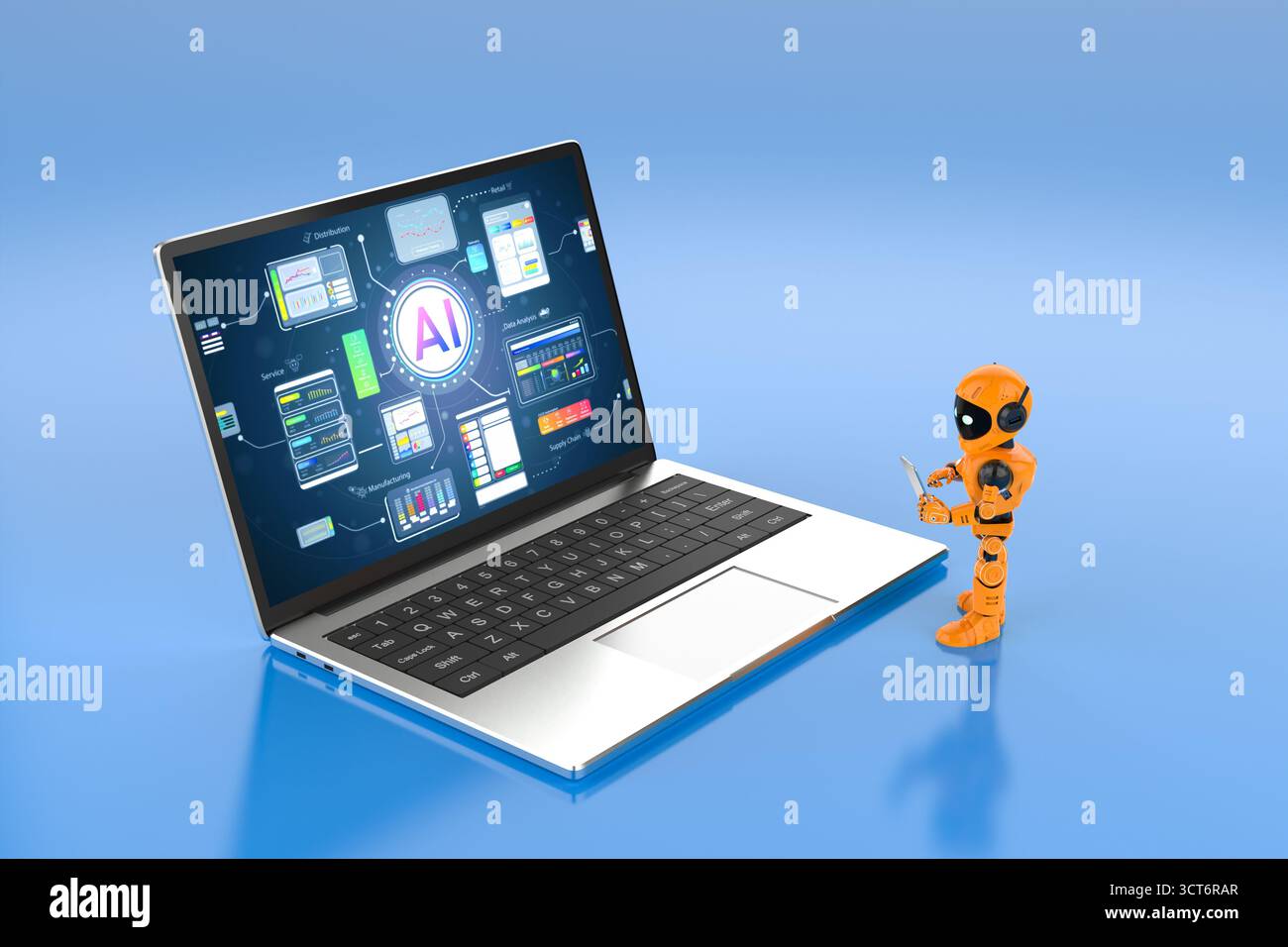 Ai technology with 3d rendering assistant robot with hud graphic interface on laptop Stock Photo