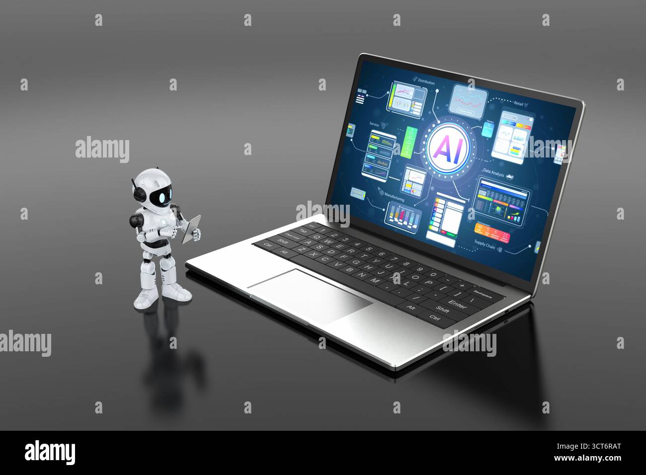 Ai technology with 3d rendering assistant robot with hud graphic interface on laptop Stock Photo