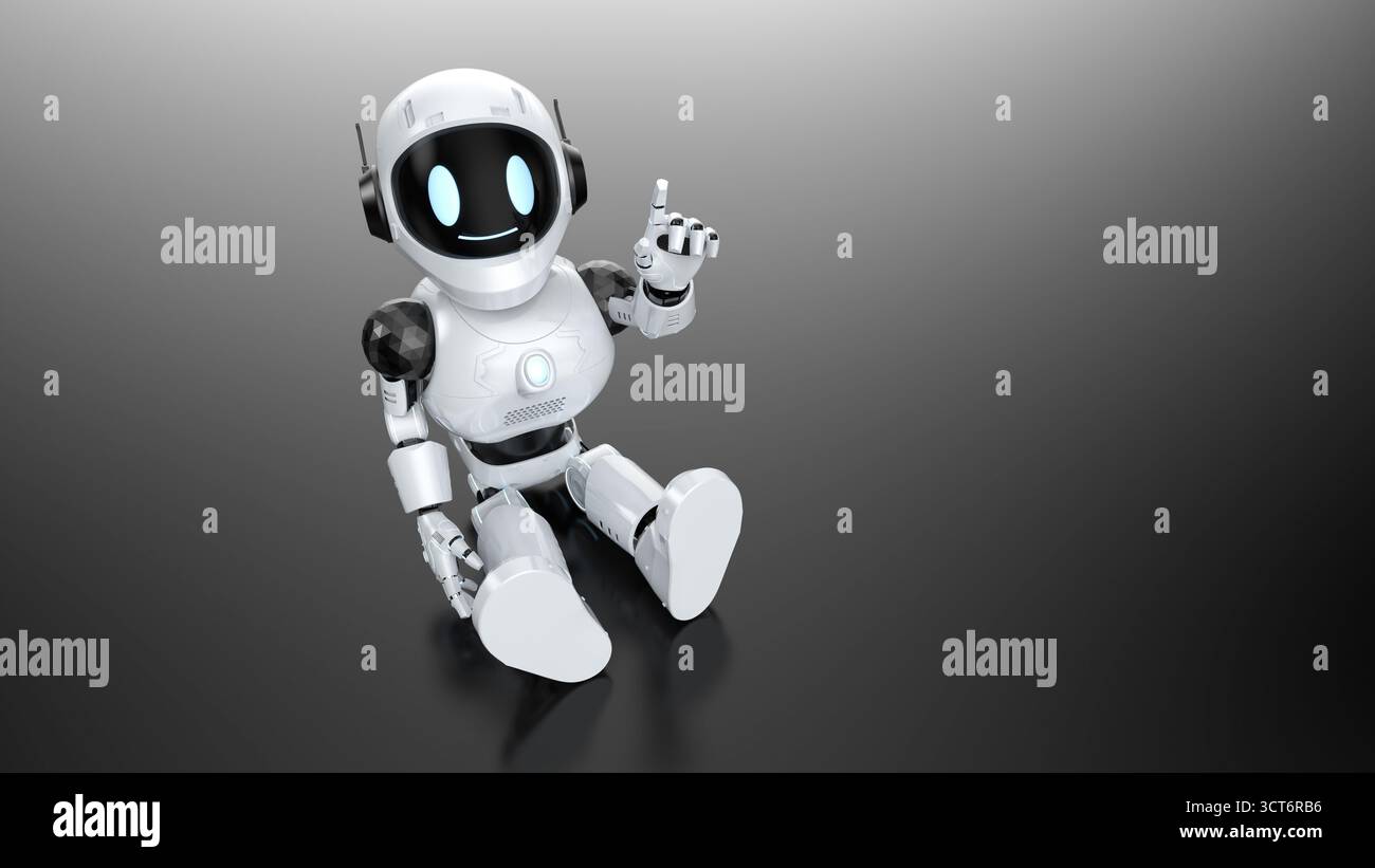 Cute and small 3d rendering artificial intelligence personal assistant robot finger point Stock Photo