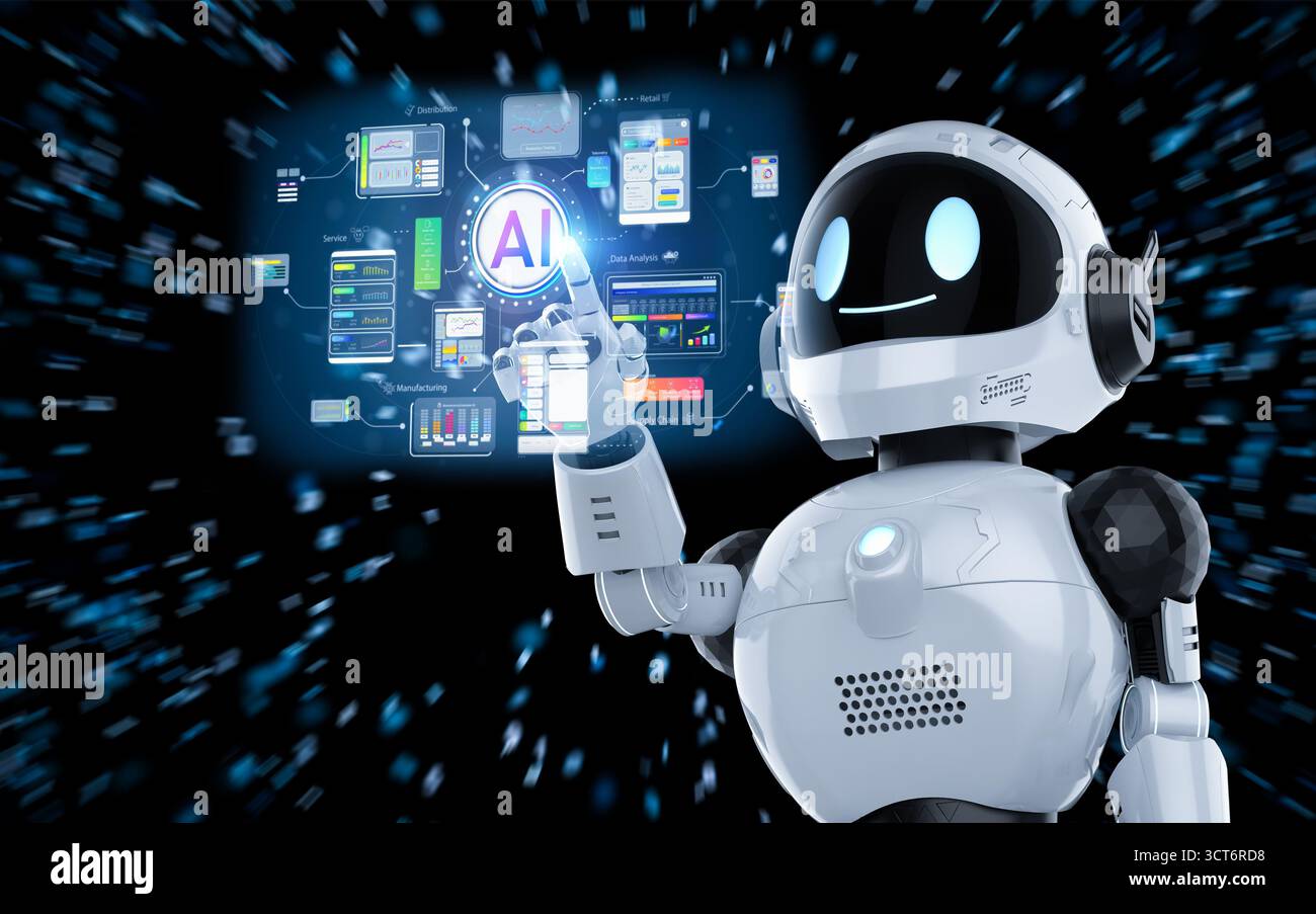 Ai technology with 3d rendering assistant robot with hud graphic interface Stock Photo