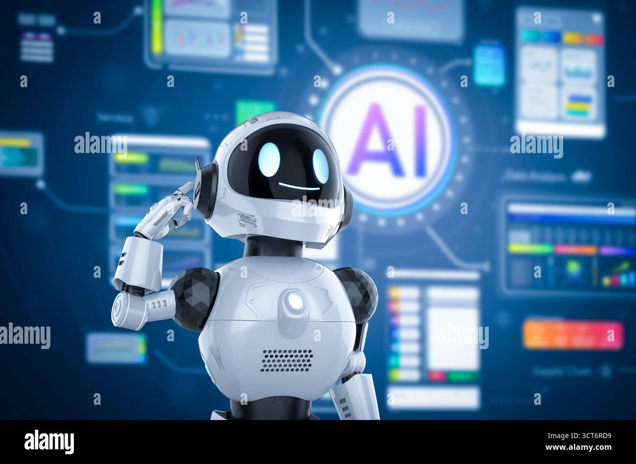 Ai technology with 3d rendering assistant robot with hud graphic interface Stock Photo