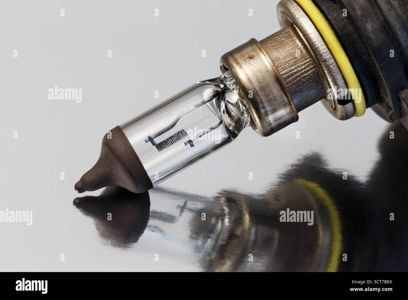 Car halogen headlight bulb close-up on metal surface with reflection Stock Photo