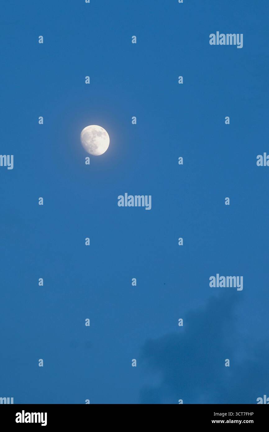 half moon floating on blue sky in twilight background Stock Photo