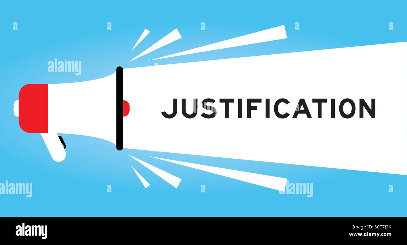Color megaphone icon with word justification in white banner on blue ...