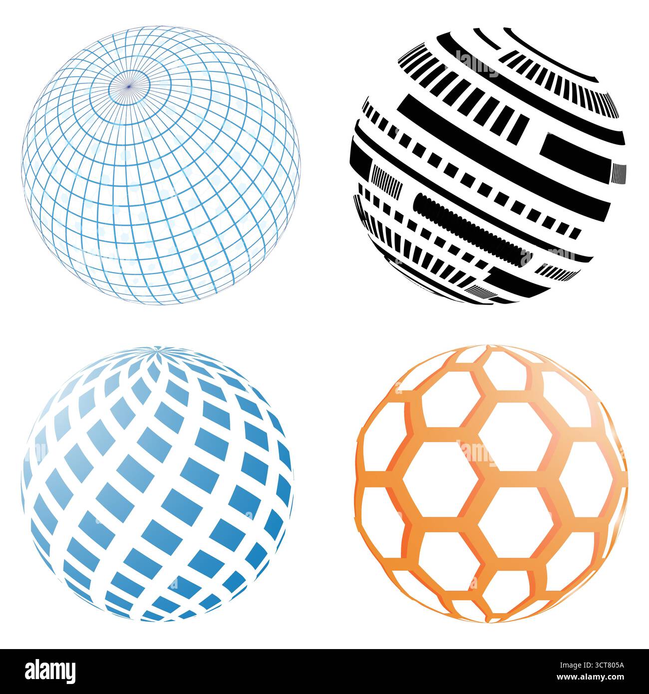 Geometric 3D Globe Collection Abstract Digital Grid and Patterned Sphere Design Stock Vector