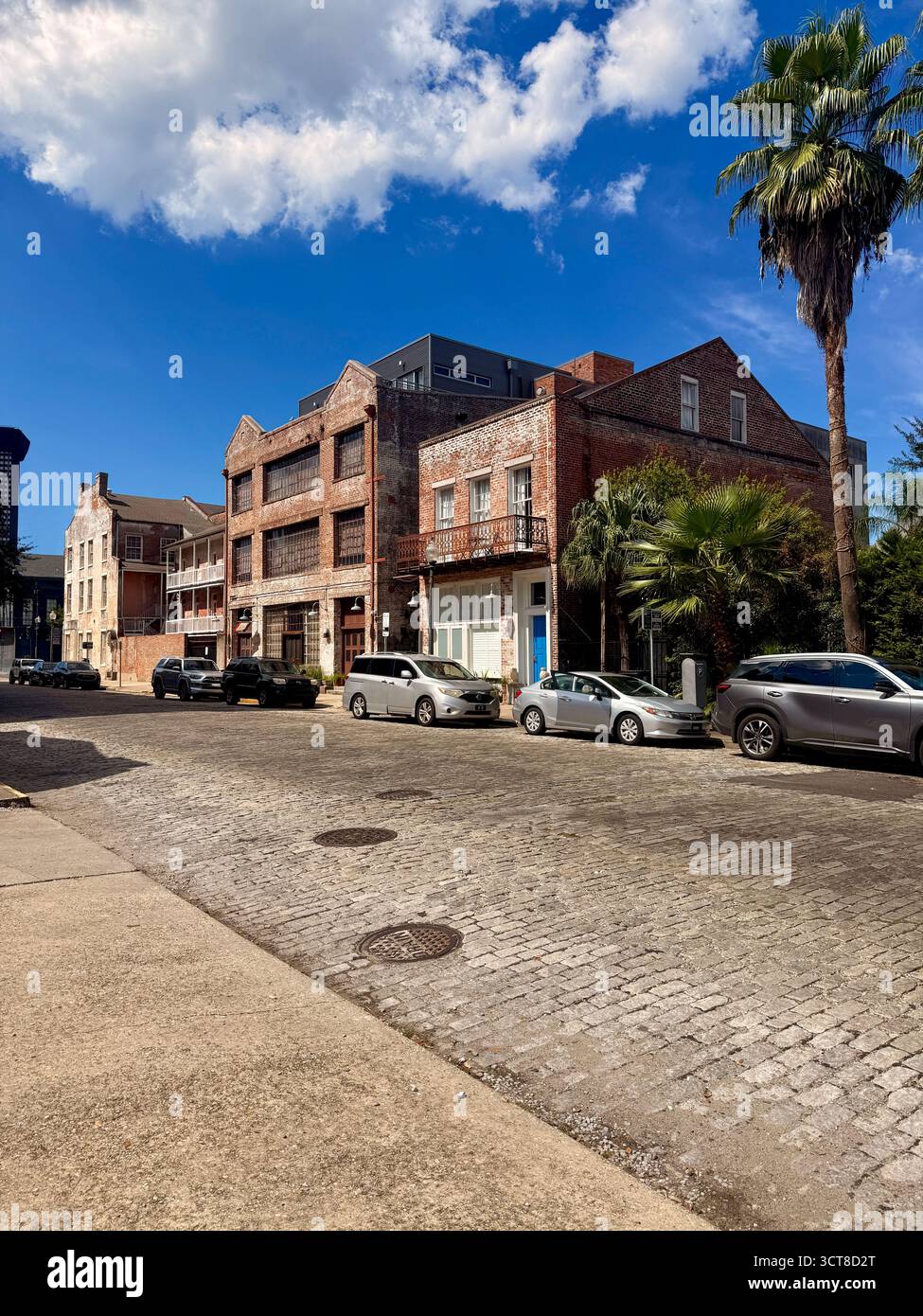 Cobbled street and historic brick buildings under dramatic clouds, New Orleans - Smartphone Captured Stock Image