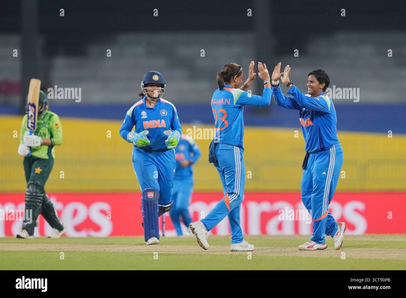 Pakistan Rameen Api India's Deepti Sharma celebrates the wicket of Pakistan's Rameen Shamim ...