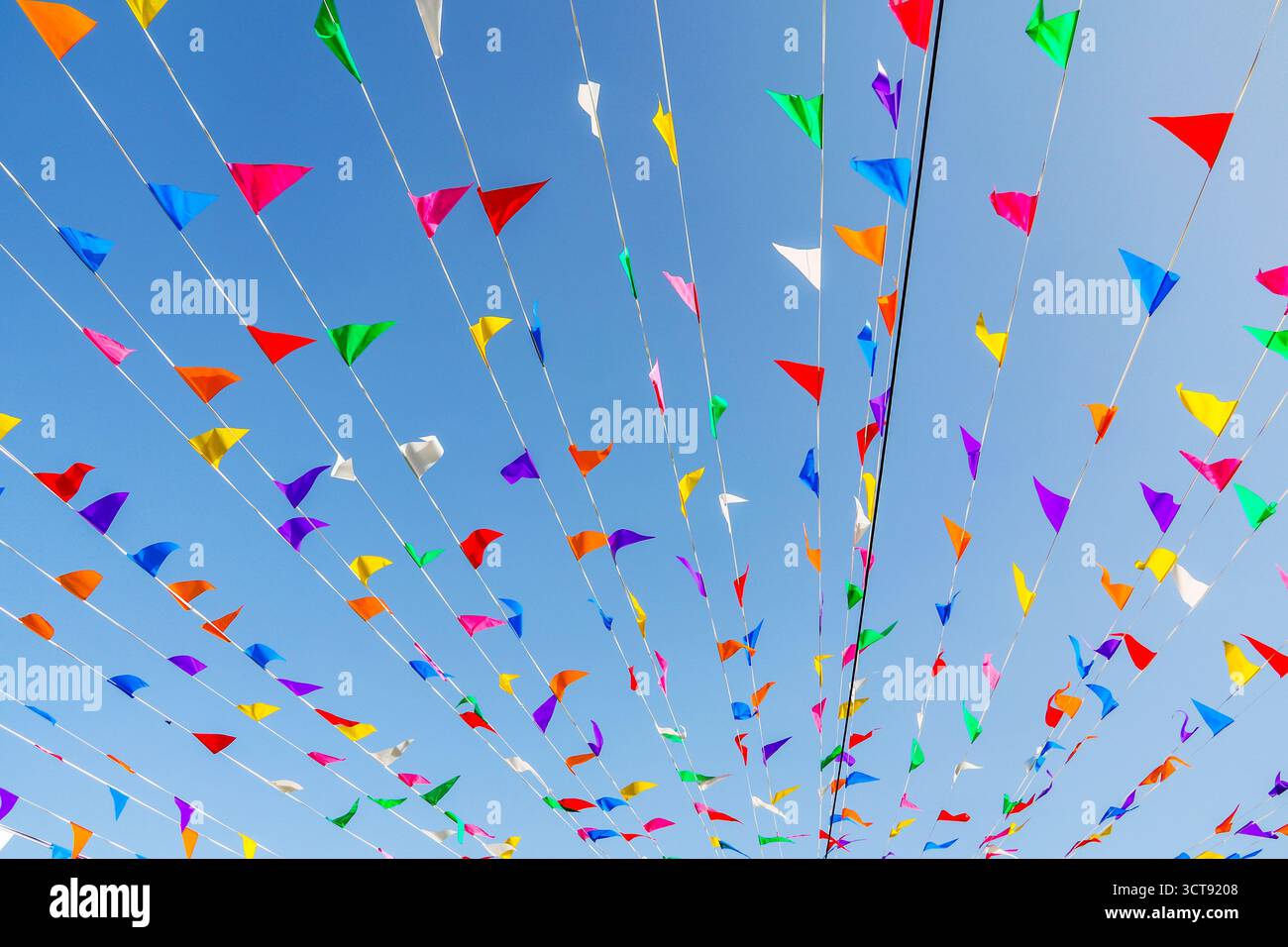 Multi colored party flags against the blue sky Stock Photo