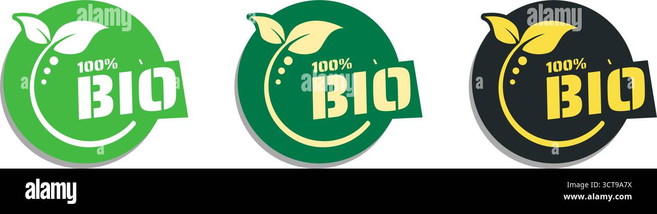 100% bio label set with leaf in different color variations Stock Vector