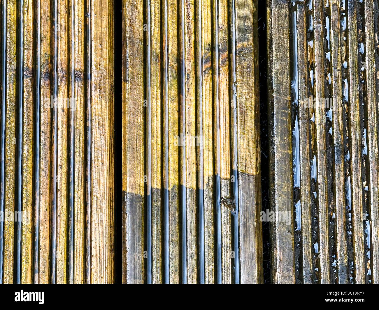 Before and after view of dirt and grime being cleaned from wooden decking using a pressure washer. DIY concept. - Smartphone Captured Stock Image