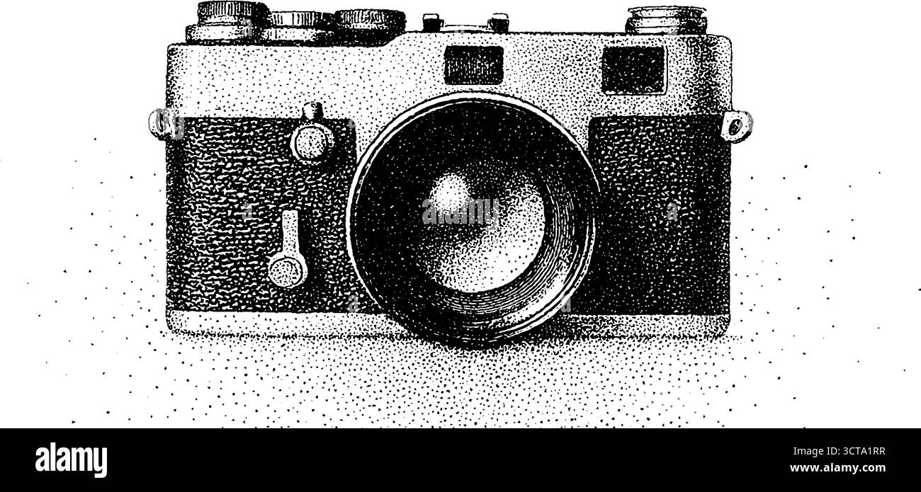 Vintage camera stipple art with dotwork mezzotint effect for design and ...
