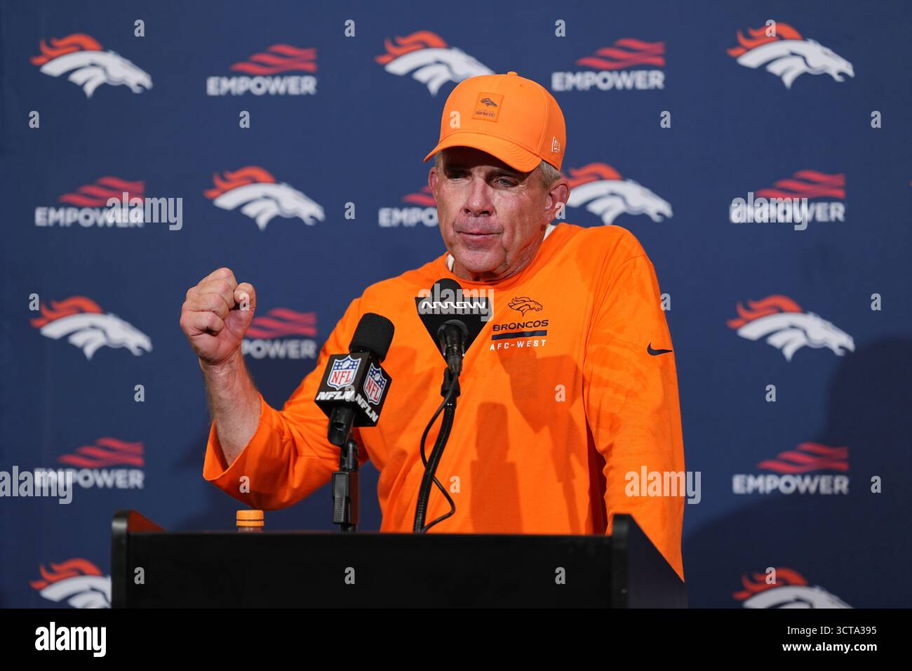 Denver Broncos head coach Sean Payton speaks during a news conference ...