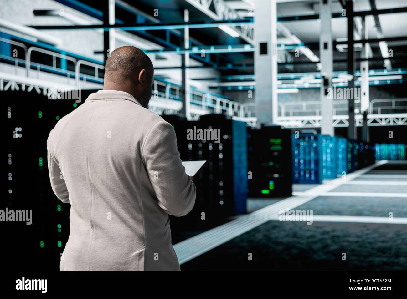 Technician in data center workspace running system diagnostic tests, increasing uptime and efficiency. Employee looking for network issues affecting rigs performance, installing upgraded server racks Stock Photo