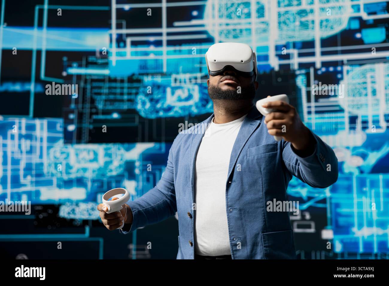 Black businessman using advanced technology VR headset tools to explore data science, automation and AI ethics in a digital data processing environment. Works on machine learning. Stock Photo
