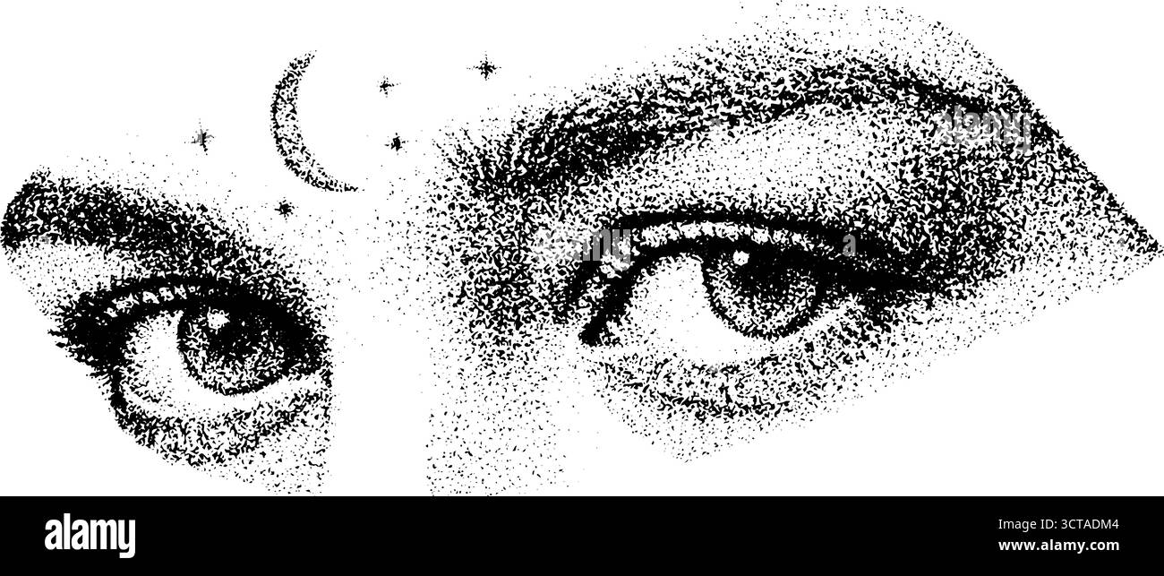Intricate dotwork stipple art featuring crescent moons and eyes for unique design applications. Stock Vector