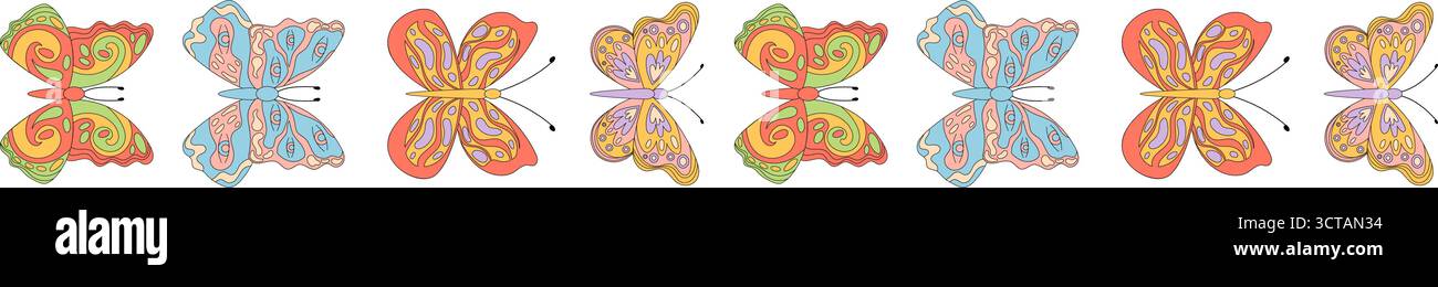 Groovy Retro Butterfly Seamless Border Pattern Stock Vector