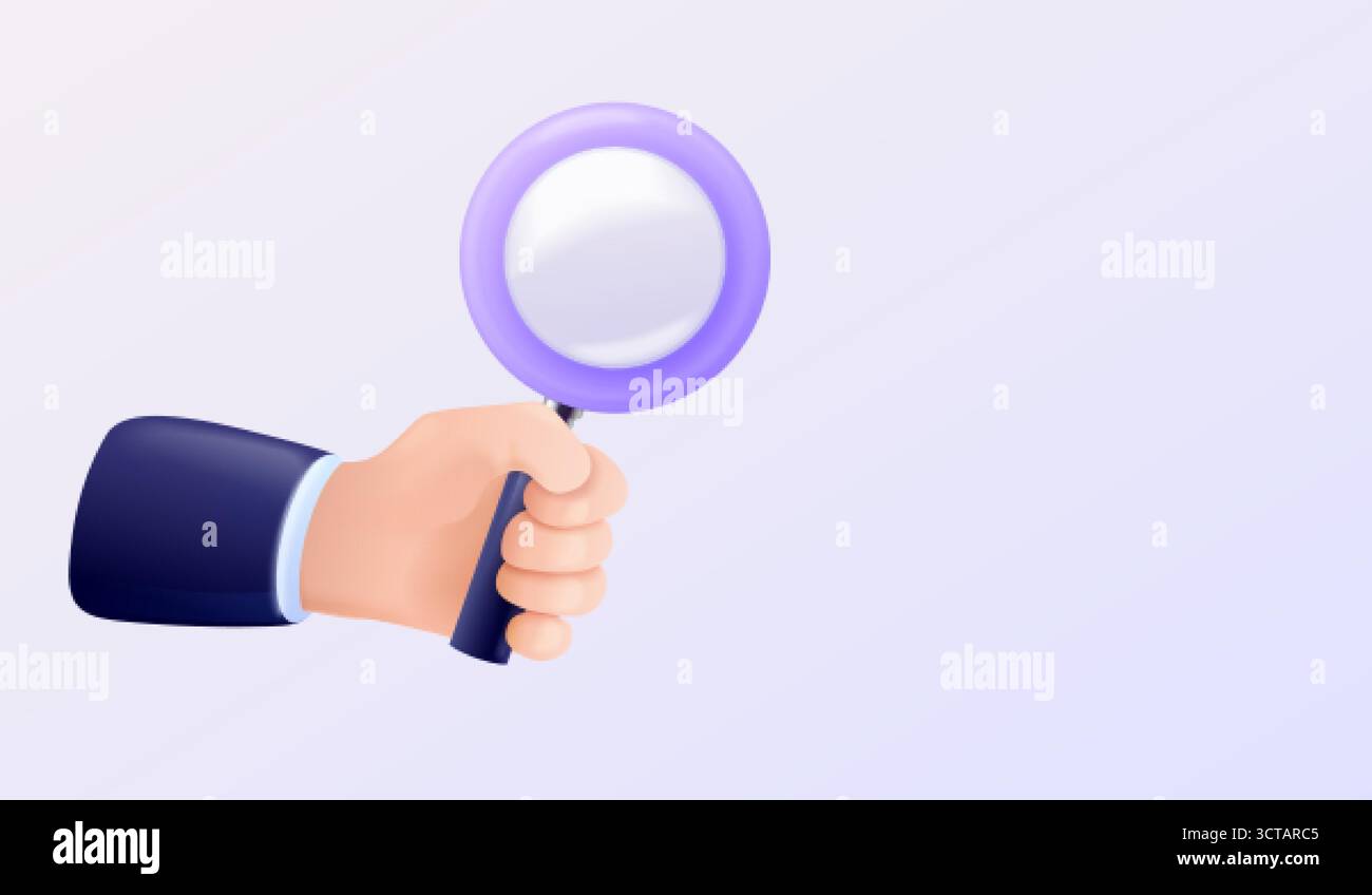 3d hand magnifying glass. Detective hand hold magnifier render icon ...
