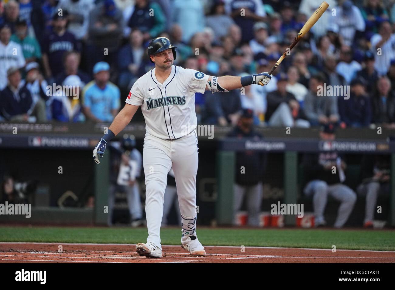 Seattle Mariners' Cal Raleigh reacts after striking out swinging during ...