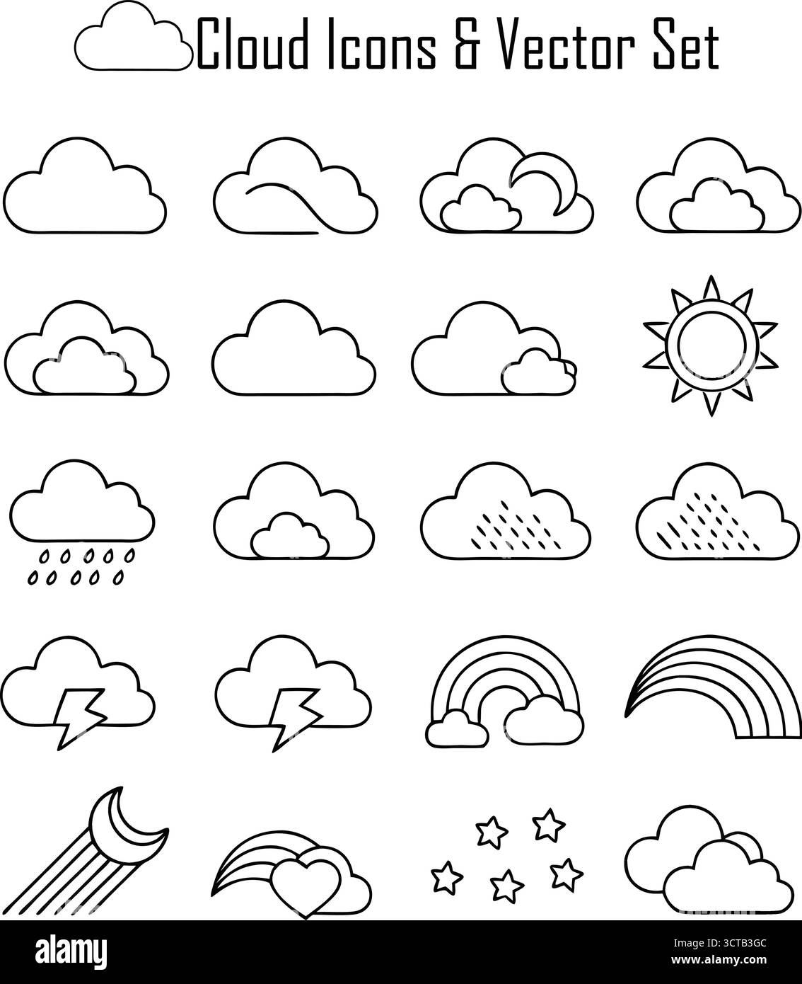 Cloud Icon Set – Weather, Sky, and Climate Symbols with Flat and Minimal Design Stock Vector