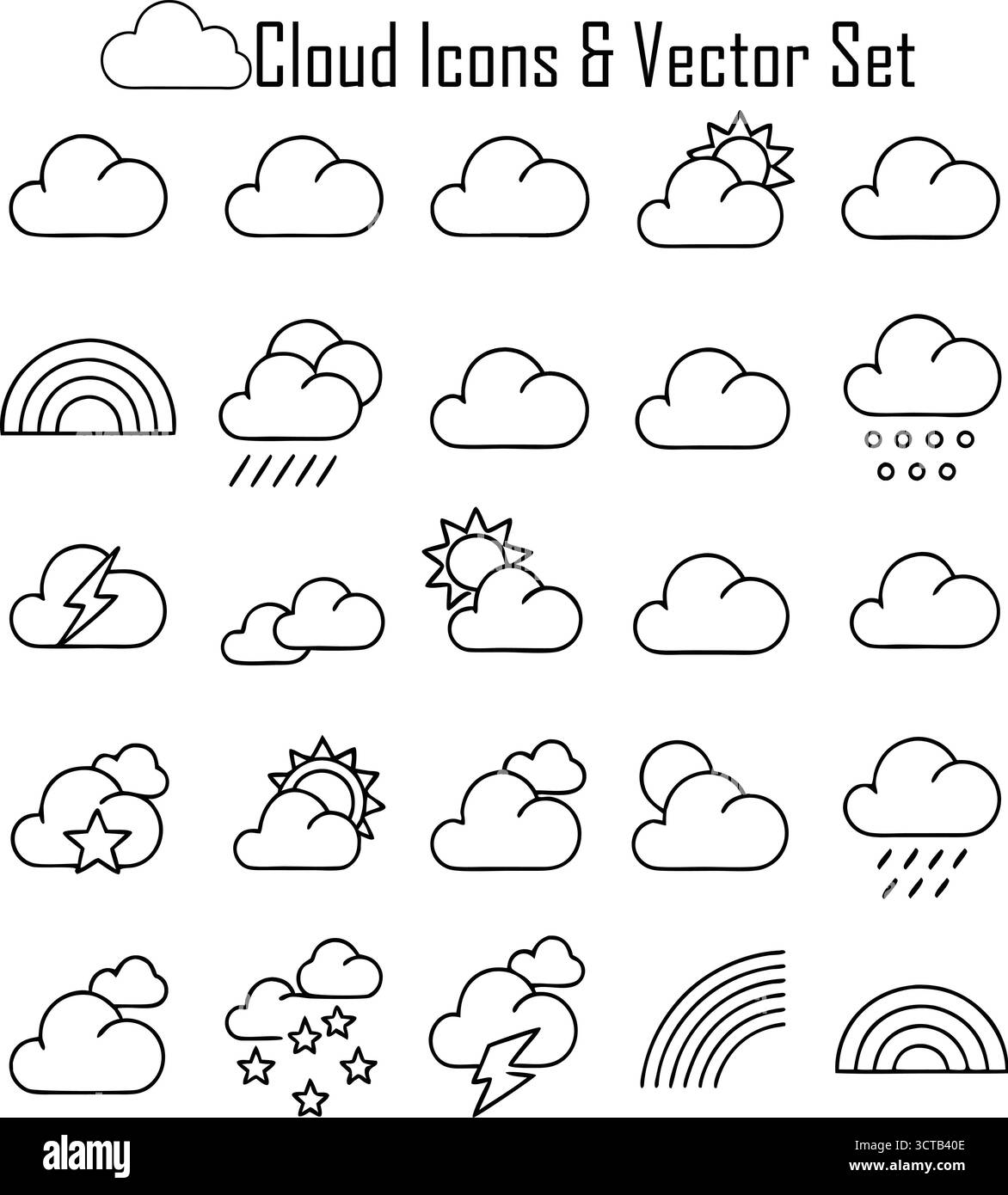 Cloud Icon Set – Weather, Sky, and Climate Symbols with Flat and Minimal Design Stock Vector