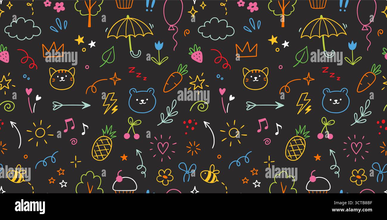 Icon cute line pattern. Seamless background with cartoon children, baby ...