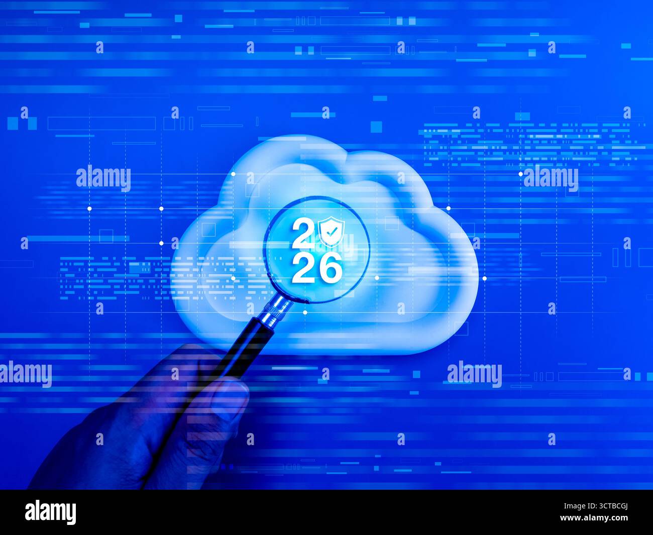 Cloud computing security 2026 concept with magnifying glass on cloud icon and shield symbol over digital blue background. Cloud storage technology, da Stock Photo
