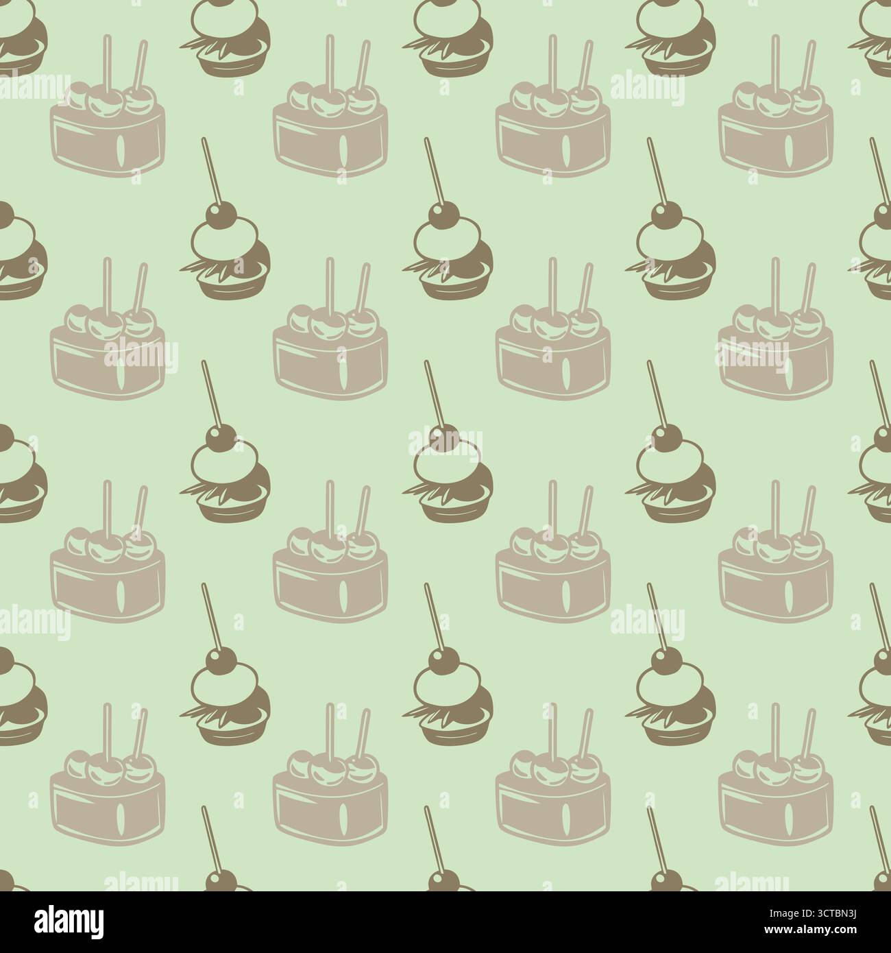 Seamless pattern with cakes and desserts on green background Stock Vector