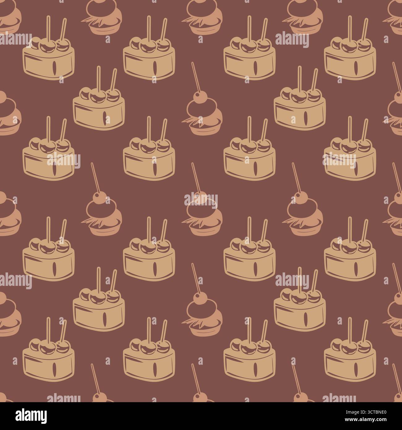 Seamless pattern with chocolate cakes and cupcakes on brown background Stock Vector