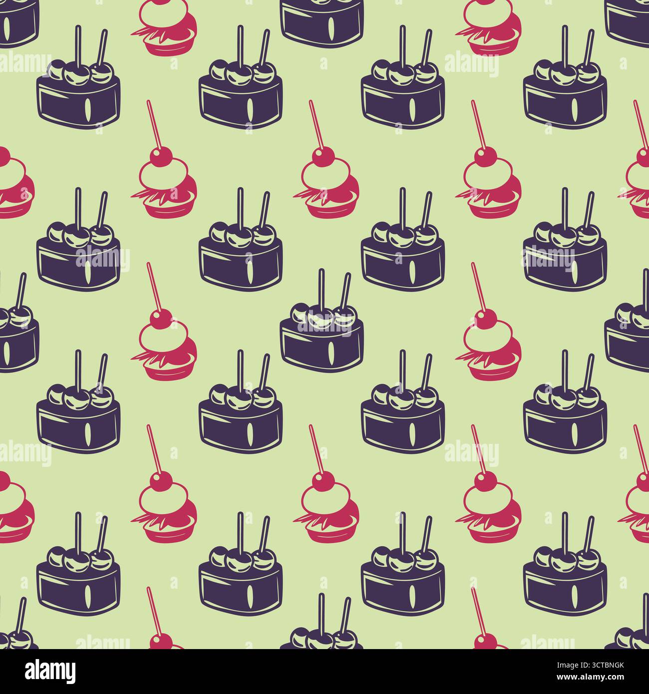 Seamless pattern with cakes and desserts on green background Stock Vector