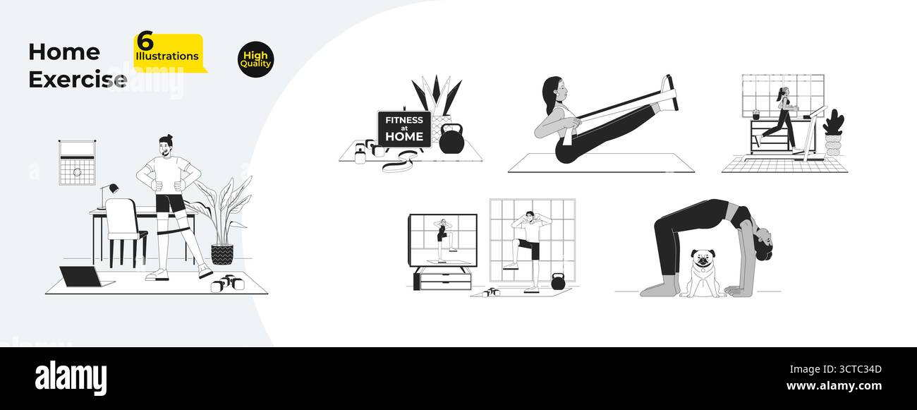 Home exercise outline illustrations mega bundle Stock Vector