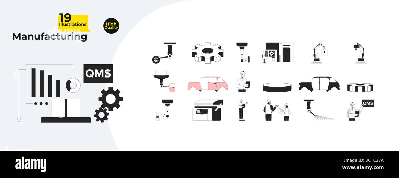 Manufacturing and industrial production process outline illustrations mega bundle Stock Vector