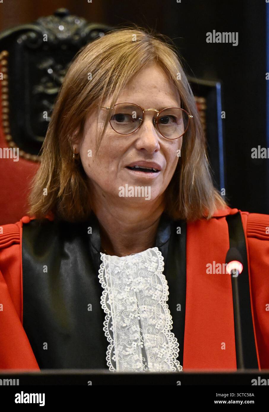 Court chairwoman Anne Leclercq pictured during the composition of the jury for the trial of Spanish Cesar Arribas Calvo (26) for Voluntary and premeditated homicide of Teresa Rodriguez Llamazares, at the Assize Court of Brussels region, Monday 06 October 2025. The victim, 23-year-old Spanish Teresa Rodriguez Llamazares, had been in a romantic and official relationship with Cesar Arribas Calvo for nearly two years, but had decided to leave him. Her body was found on 27 October 2022 in the flat where she was staying, near the Grand Place in Brussels. The autopsy report describes a 'truly relentl Stock Photo
