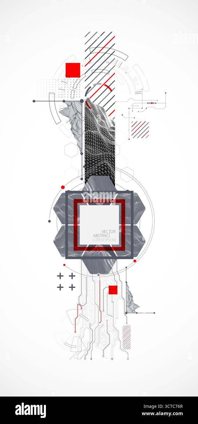 Abstract composition with wireframe mountains, geometric hexagons, dots, and lines. Stock Vector