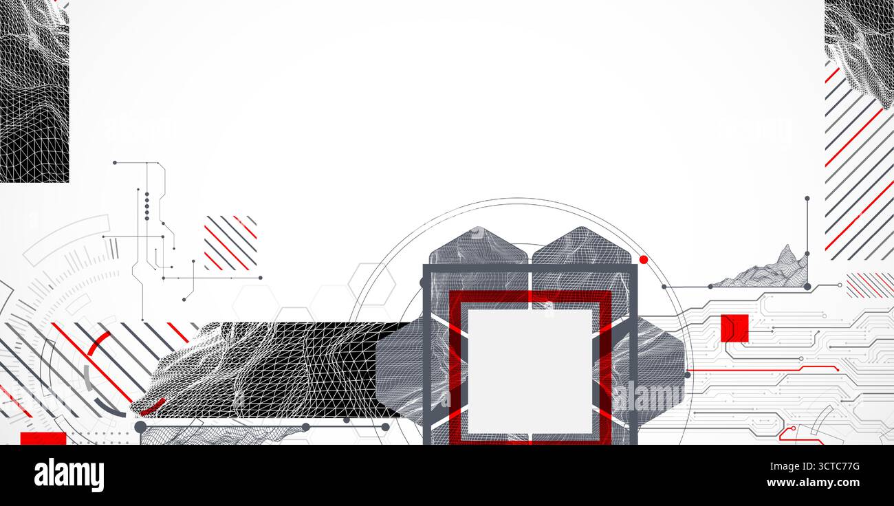 Abstract composition with wireframe mountains, geometric hexagons, dots, and lines. Stock Vector