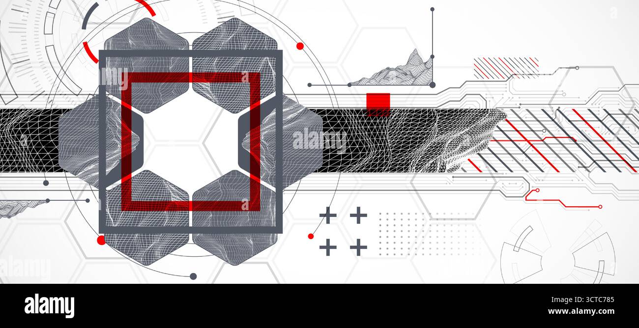 Abstract composition with wireframe mountains, geometric hexagons, dots, and lines. Stock Vector