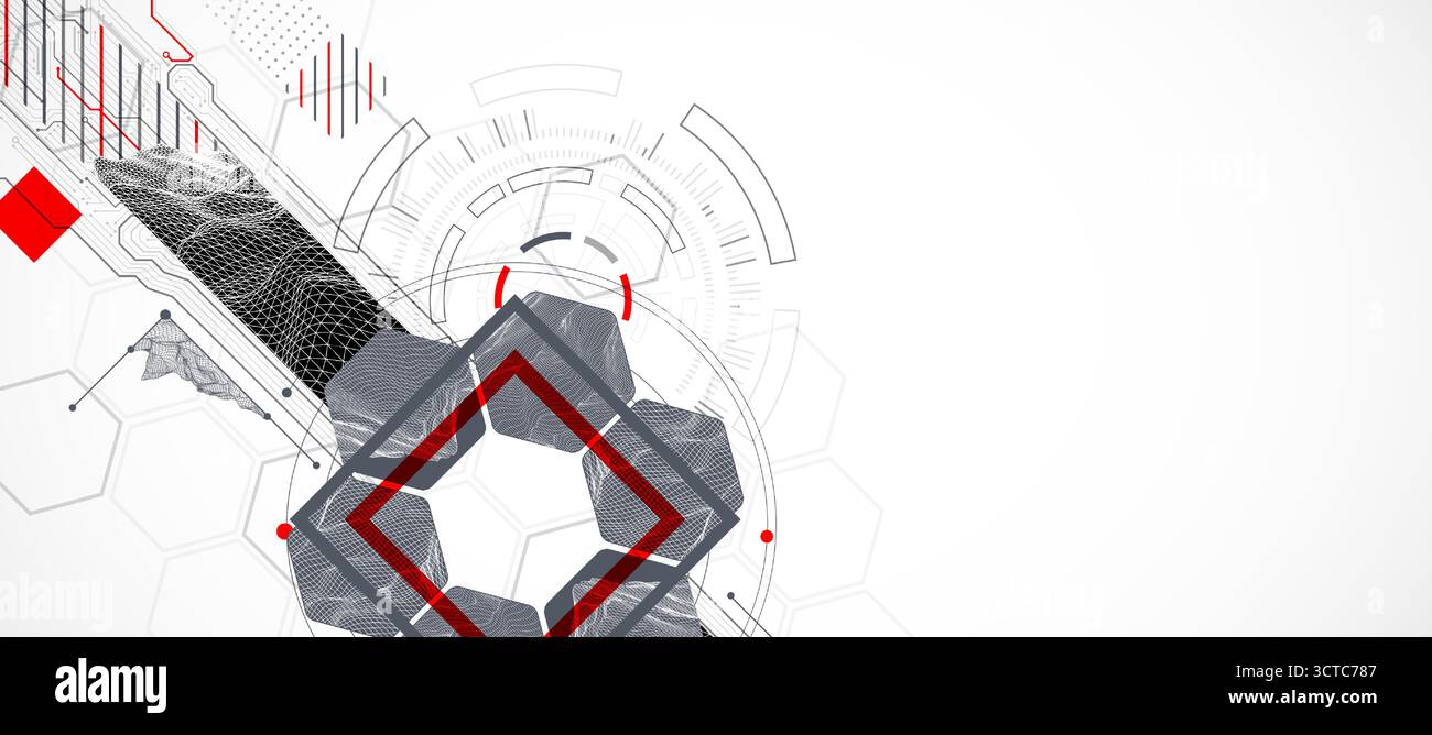 Abstract composition with wireframe mountains, geometric hexagons, dots, and lines. Stock Vector