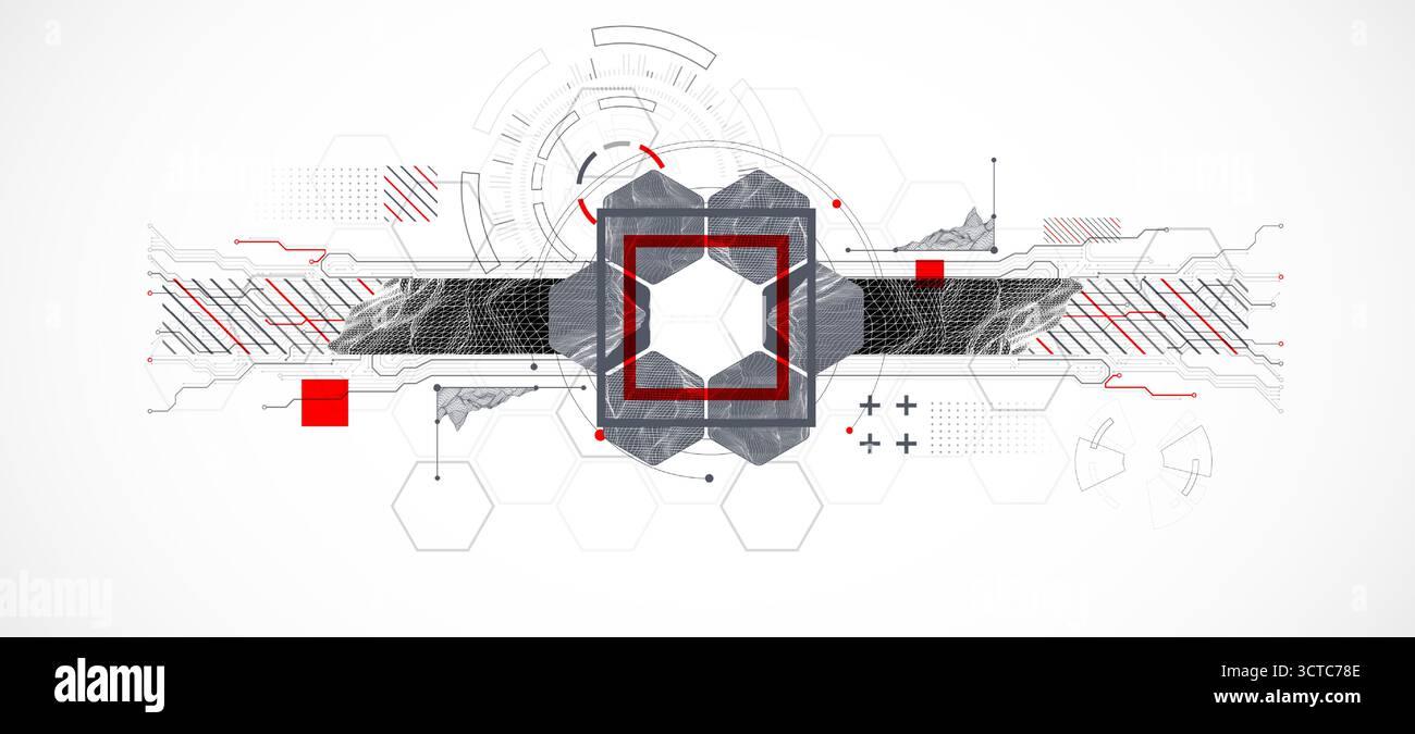 Abstract composition with wireframe mountains, geometric hexagons, dots, and lines. Stock Vector