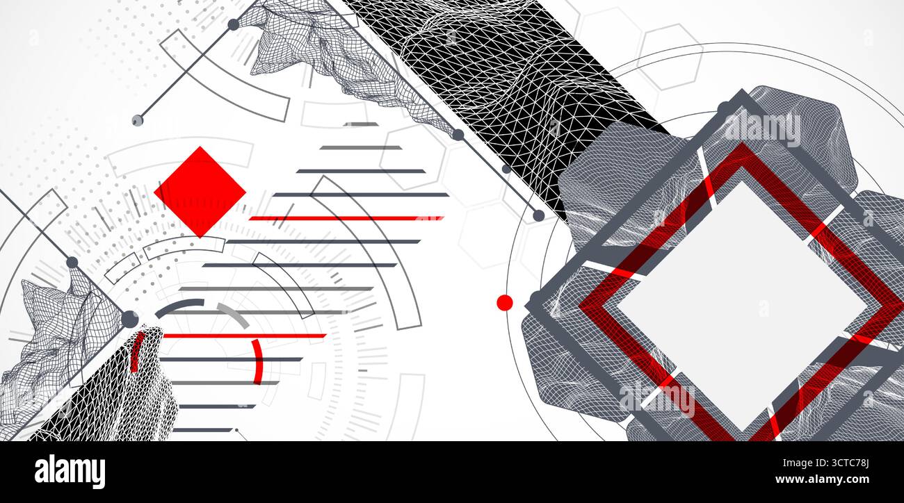 Abstract composition with wireframe mountains, geometric hexagons, dots, and lines. Stock Vector