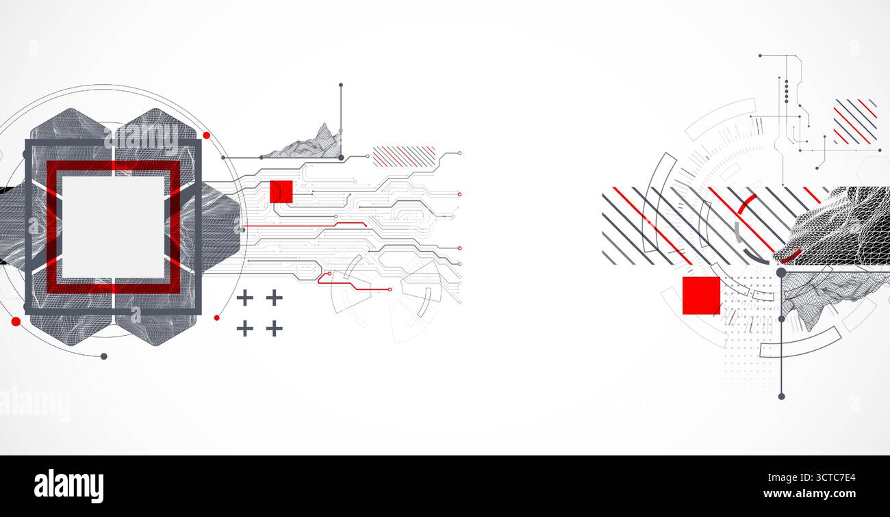 Abstract composition with wireframe mountains, geometric hexagons, dots, and lines. Stock Vector