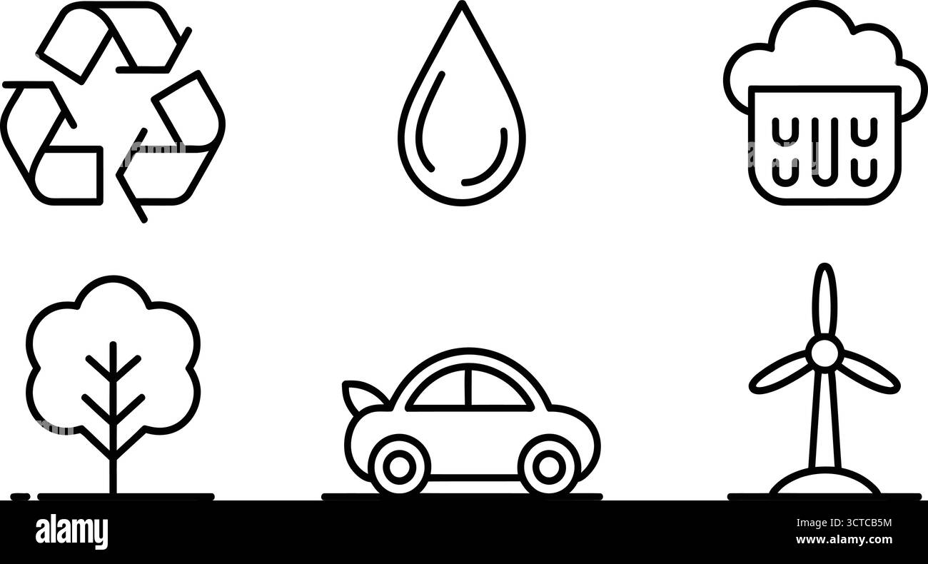 Black Line Eco Icons – Recycling, Water Drop, Rain Cloud, Tree, Electric Car & Wind Turbine Symbols for Environmental, Green Energy & Climate Design Stock Vector