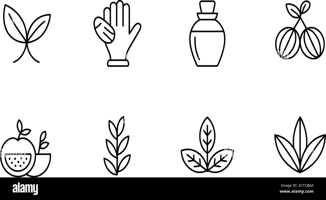 Black Line Icons – Leaves, Fruits, Skincare Bottle, Glove & Bowl for Organic, Wellness, Nature & Eco-Friendly Product Design Stock Vector