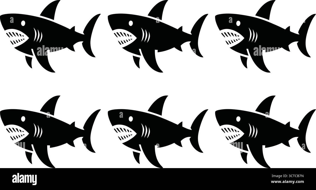 Black Shark Silhouettes – Repetitive Cartoon-Style Icons with Open Mouths and Fins for Marine, Danger, and Decorative Design Themes Stock Vector