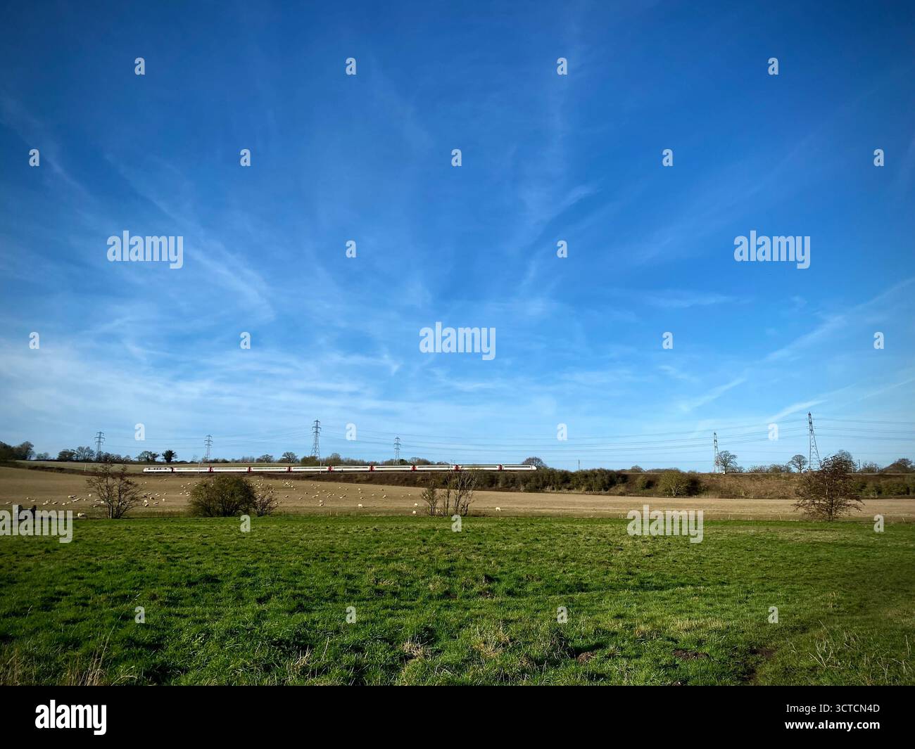 A photograph of open fields at Caistor St Edmund Roman Town in Norfolk, with a train visible on the horizon. - Smartphone Captured Stock Image
