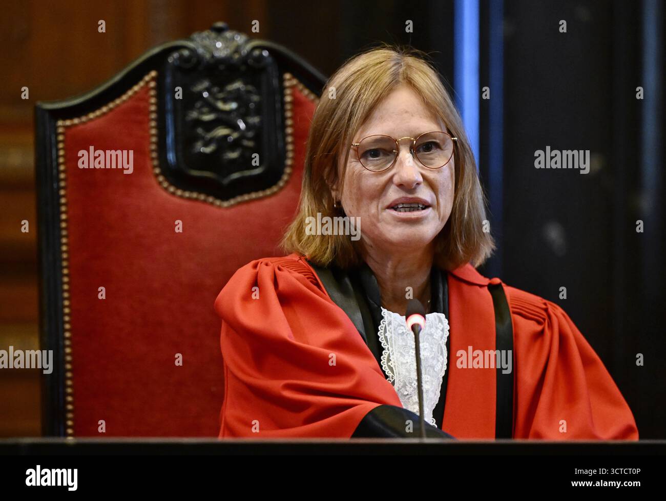 Court chairwoman Anne Leclercq pictured during the composition of the jury for the trial of Spanish Cesar Arribas Calvo (26) for Voluntary and premeditated homicide of Teresa Rodriguez Llamazares, at the Assize Court of Brussels region, Monday 06 October 2025. The victim, 23-year-old Spanish Teresa Rodriguez Llamazares, had been in a romantic and official relationship with Cesar Arribas Calvo for nearly two years, but had decided to leave him. Her body was found on 27 October 2022 in the flat where she was staying, near the Grand Place in Brussels. The autopsy report describes a 'truly relentl Stock Photo